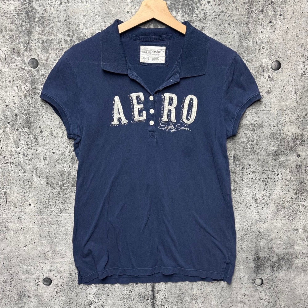 Aeropostale Womens Navy Blue Rhinestone AERO Logo Polo Shirt XL Eighty Seven